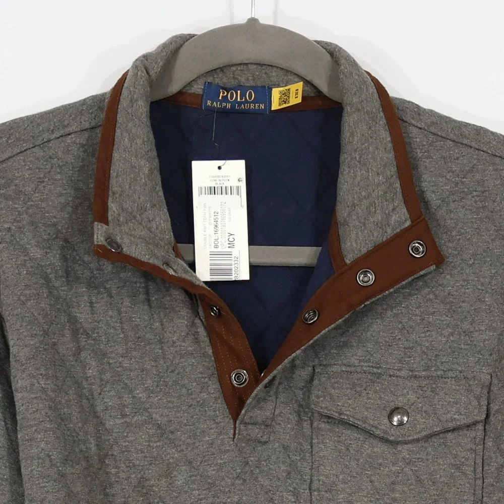 Polo Ralph Lauren Quilted Pullover Mens M Gray Mock Neck Snap Pocket $130 NWT